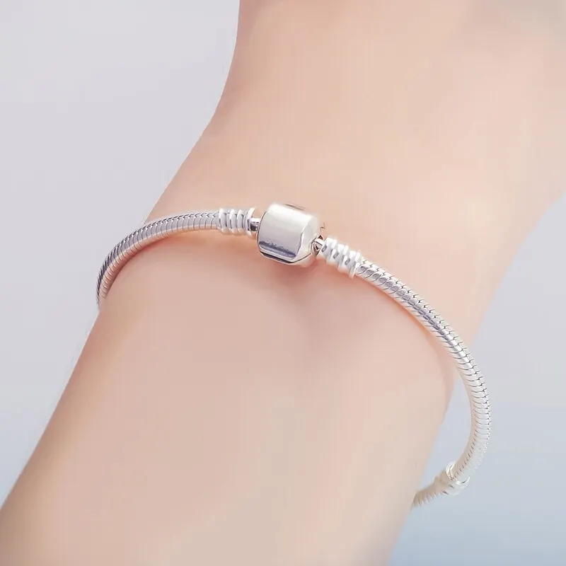 Silver Plated Bracelet Original Sterling 17/18/19cm Silver-Plated Snake Chain Bracelet Secure Heart Clasp Beads Charms Bracelet For Women DIY Jewelry