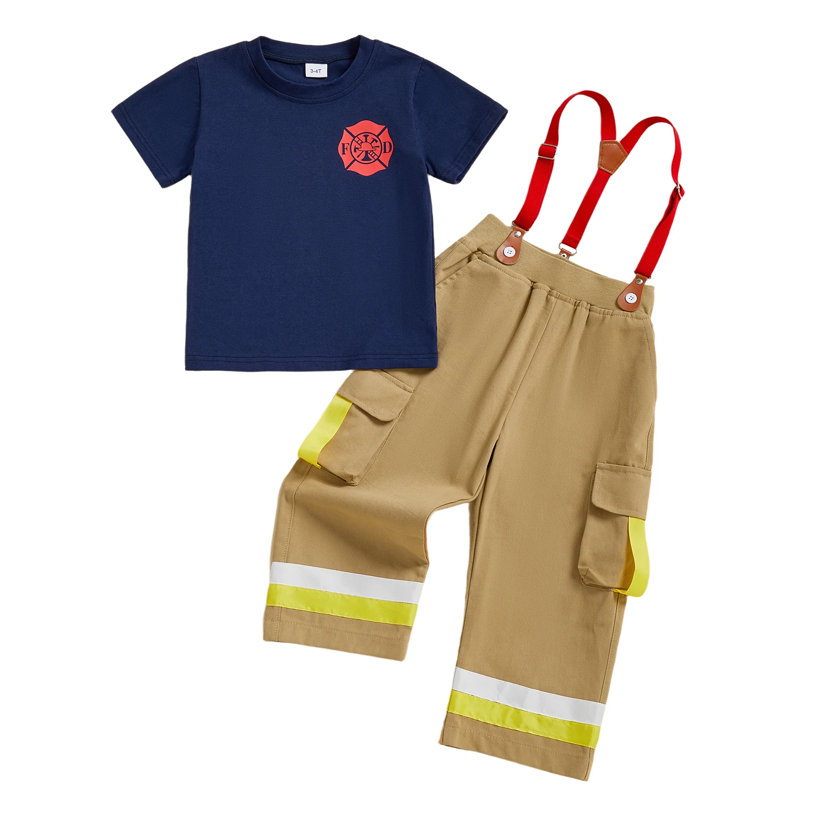 Tenue d'été pour petit garçon, T-shirt à manches courtes avec lettres et pantalon à bretelles rayé, ensemble de 2 pièces
