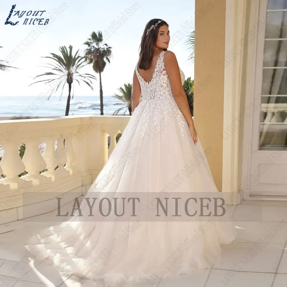 LAYOUT NICEB Spaghetti Straps Plus Size Wedding Dresses 2024 Sleeveless Backless Tulle Birde Gowns V-Neck Tulle свадебное платье 4