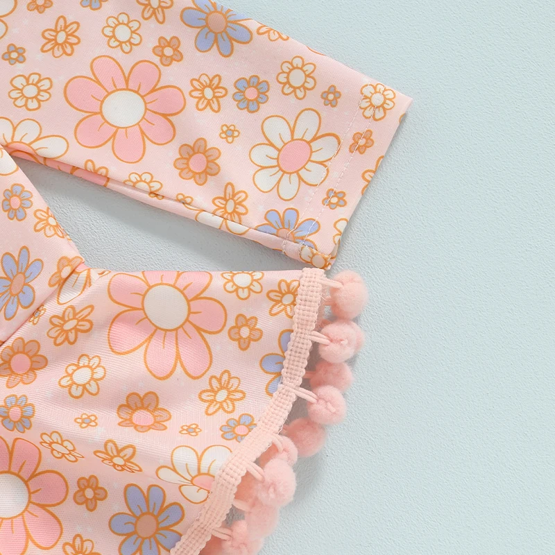 귀여운 꽃 프린트 꽃무늬 통합 수영복, 긴팔 래시가드 수영복,  수영복, 18M-6T Girls 여름 핑크