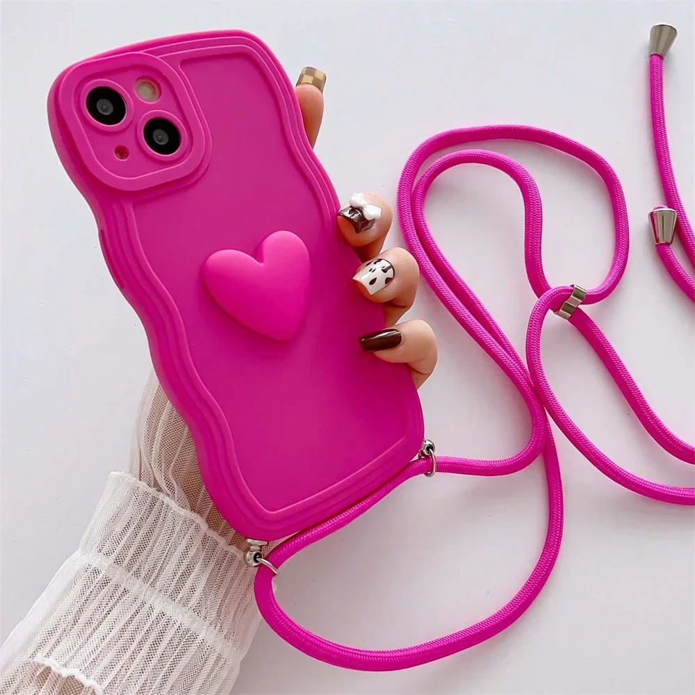Elegant Crossbody Necklace Lanyard with 3D Love Heart Wave Design Case