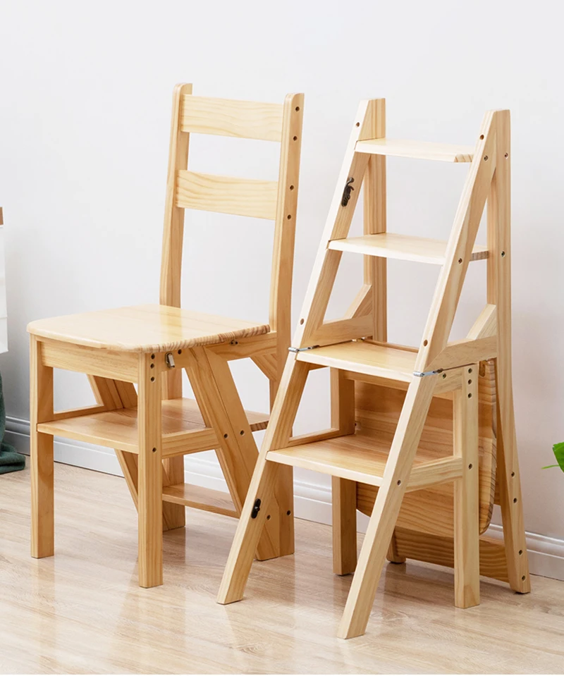 Description Picture 2 of itemSolid Wood Step Stools Multifunctional Folding Step Ladders Living Room Backrest Chairs Portable Ladder Stool Modern Furnitures