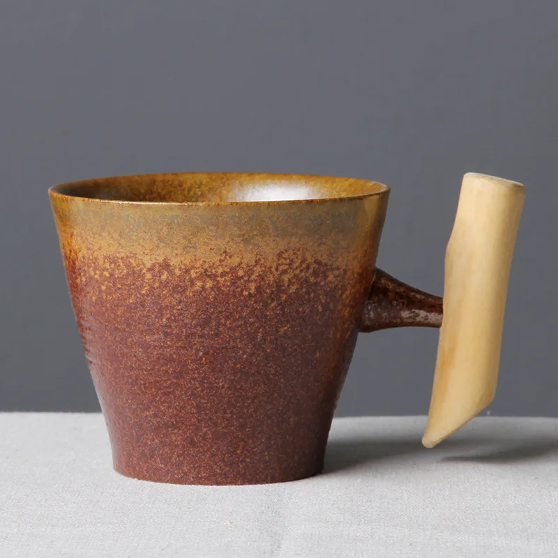 

Japanese Style Vintage Ceramic Cup Coffee Tea Tumbler Rust Glaze Office Milk Beer Mug with Spoon Wood Handle Water