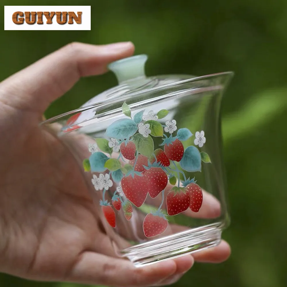 155ml Strawberry Heat-resistant Glass Gaiwan Luxury Tea Tureen Household Tea Making Cover Bowl Services Equipment Ornaments