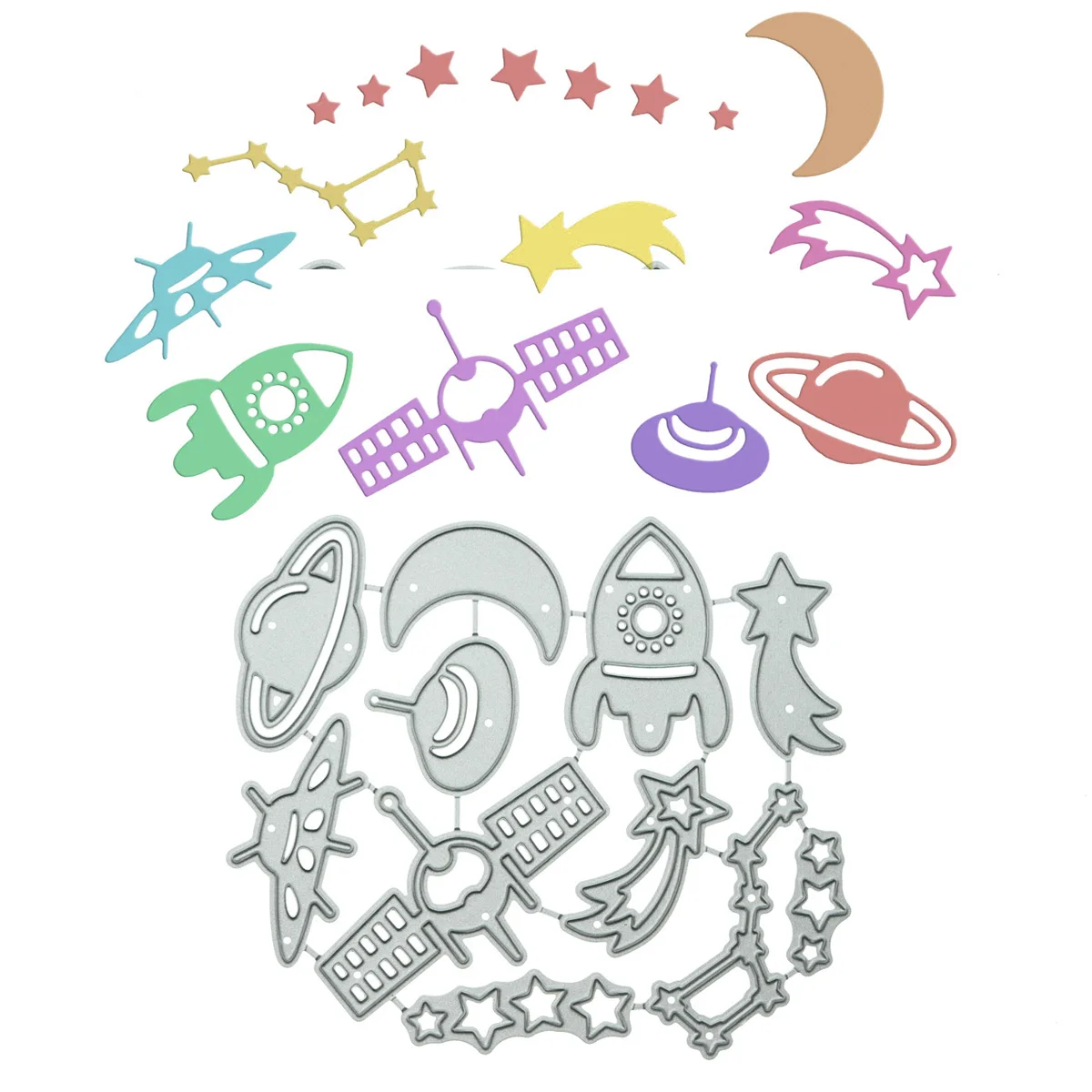 Capispalla Clipart Metal Cutting Dies Ufo Rocket Meteor Star Per Scrapbooking Paper Punch Knife Stencil Card Album Decorating