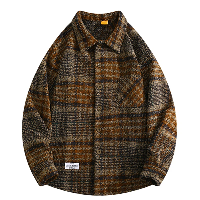 Men's Spring Autumn Woolen Plaid Jacket Retro Turndown Collar Shirt Women Turndown Collar Long Sleeves Loose Casual Jackets