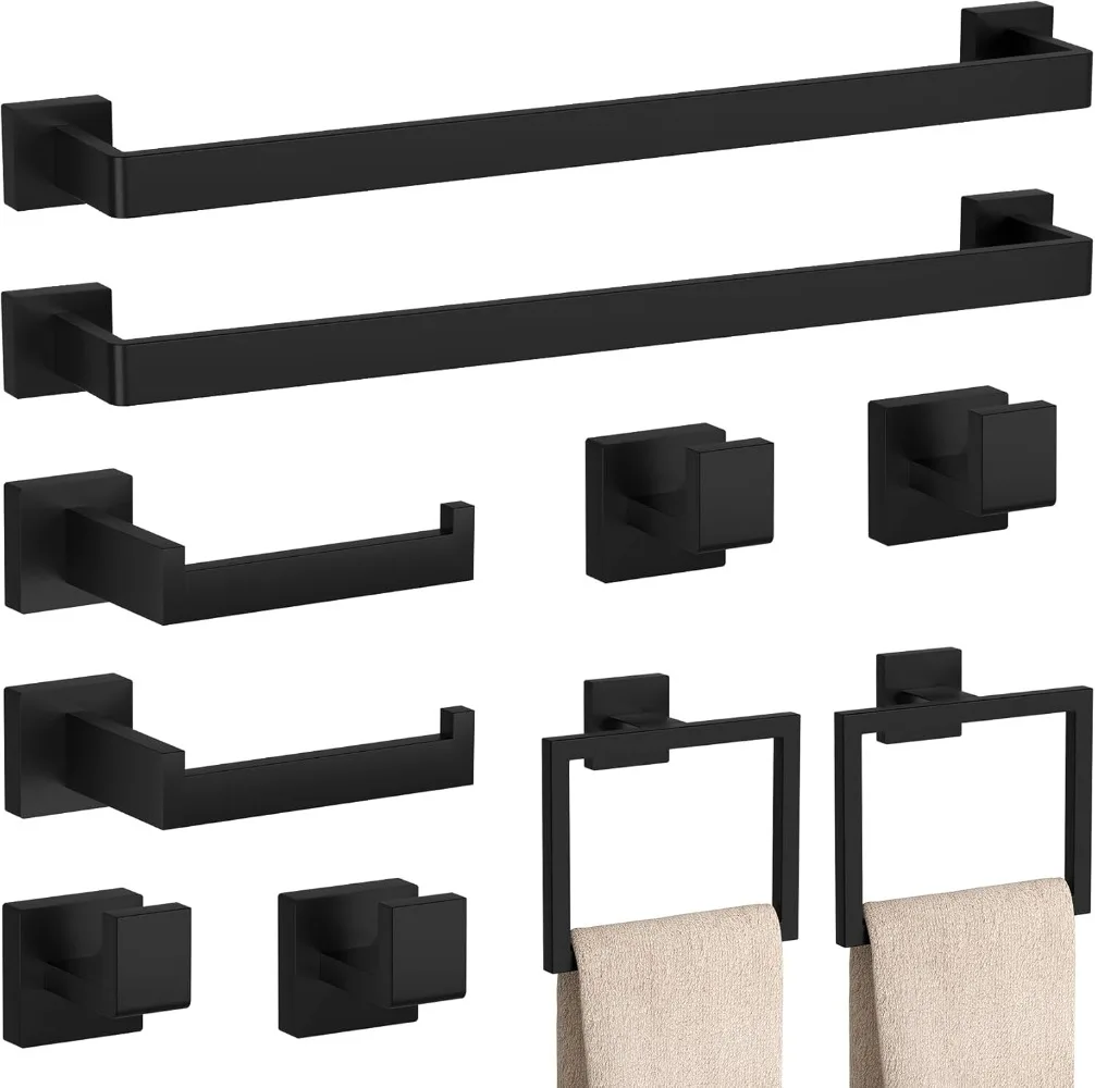 10-Pieces Matte Black Bathroom Accessories Set, 23.6 Inch Bath Towel Bar Set, SUS 304 Stainless Steel Bathroom Hardware Set