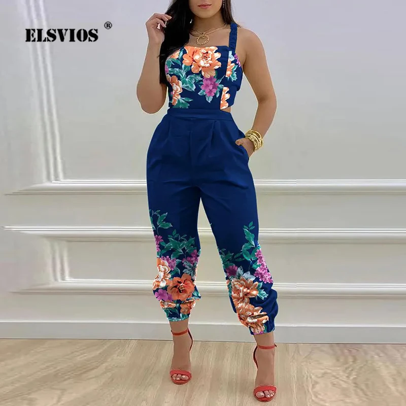 

Summer New Fashion Women Jumpsuits Casual Printed Sling Sexy Sleeveless Backless Rompers Elegant Commute Party Ladies Playsuits