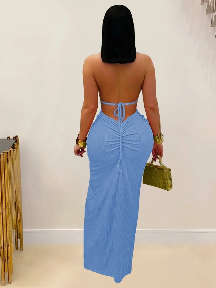 Wmstar 2025 New Women Fashionable Elegant Dress Sexy Knitted Off Shoulder Backless Solid Color Dress Sleeveless U Neck