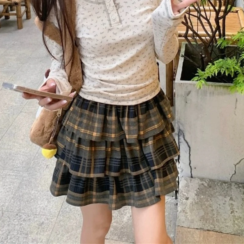 Deeptown Plaid Ruffle Mini Skirt Women Kawaii Japanese Style Harajuku Vintage Short Skirts Cutecore Street Pleated Layered Skirt