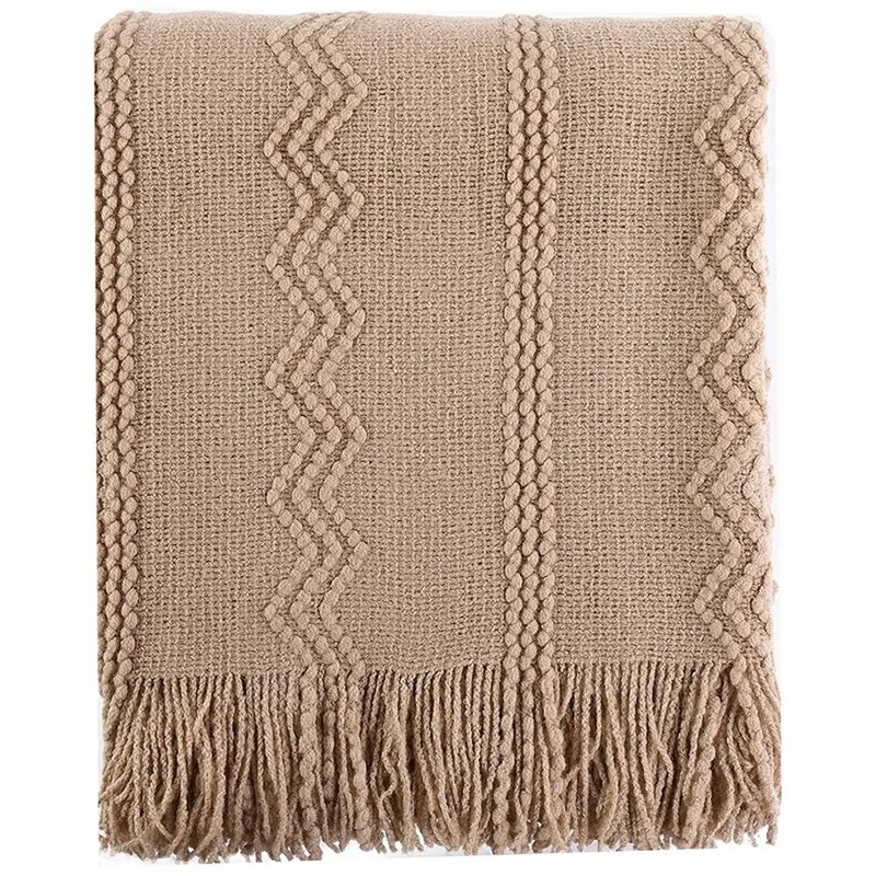 

JFBL Hot Knit Throw Blanket Soft Lightweight Textured Decorative Blanket With Tassel For Bed, Couch (Tan, 50Inchx60inch)