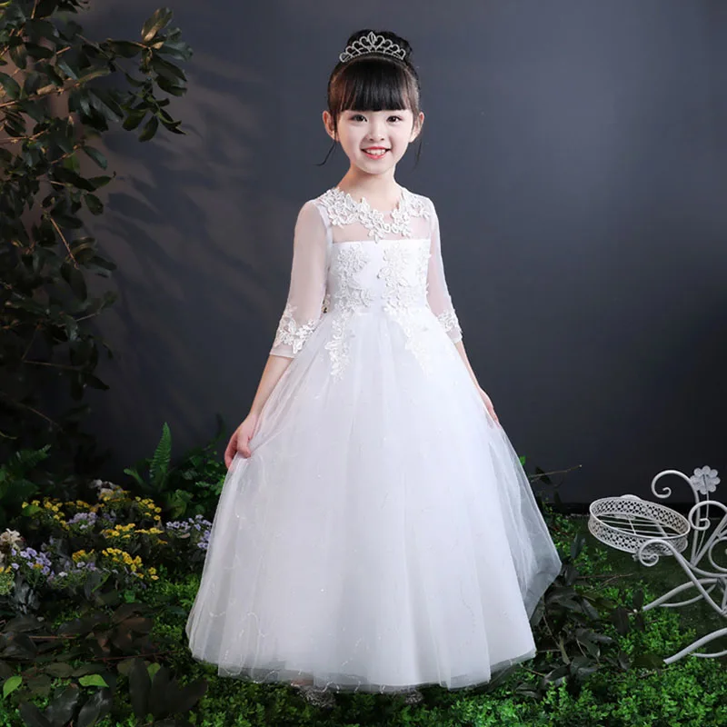 Baby Girls Lace Embroidery Dress Kids White Wedding High-end Dress Flower Long Party Princess Girls Clothes