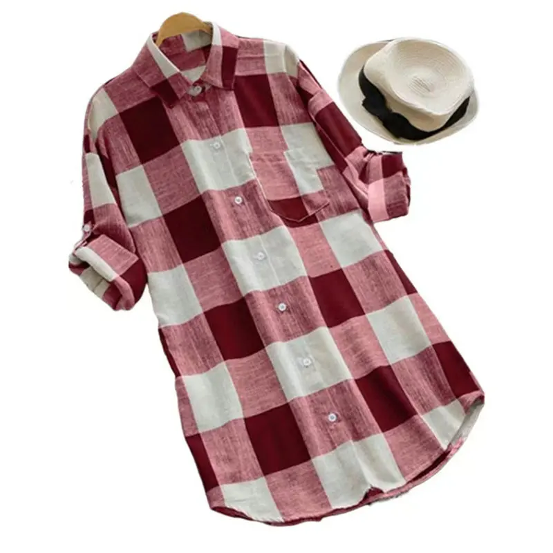 

Women Long Sleeve Cotton Tops Oversize 5XL Shirts Classic Lattice Pattern Blouse Autumn Spring Casual Loose Fashion Clothes