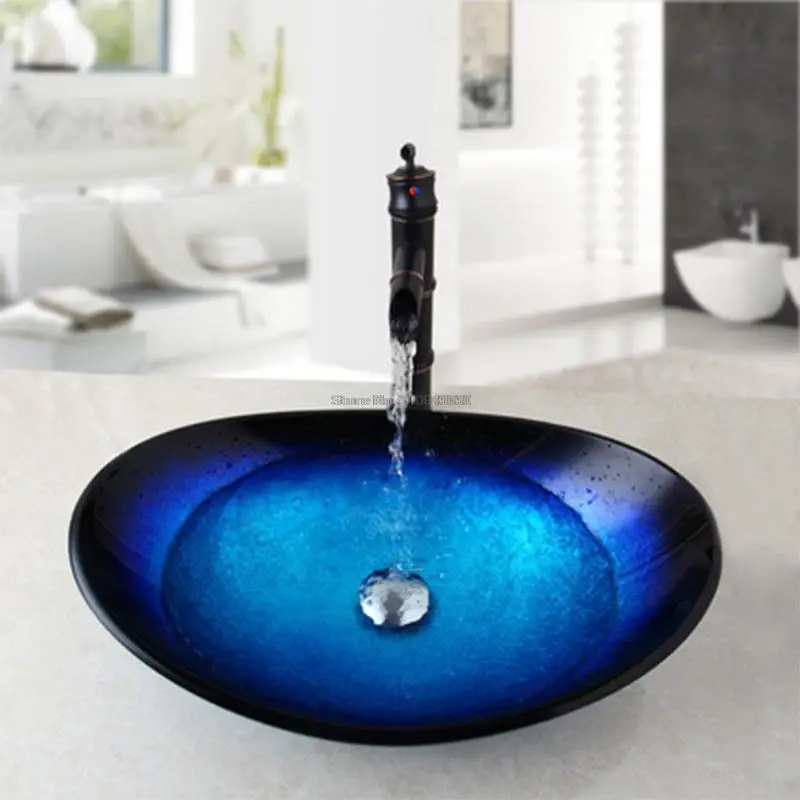 

Blue Ingot Glass Waterfall Sprinkler Basin Black Faucet Bathroom Sink Washbasin Bathtub Brass Set Faucet Mixing Faucet