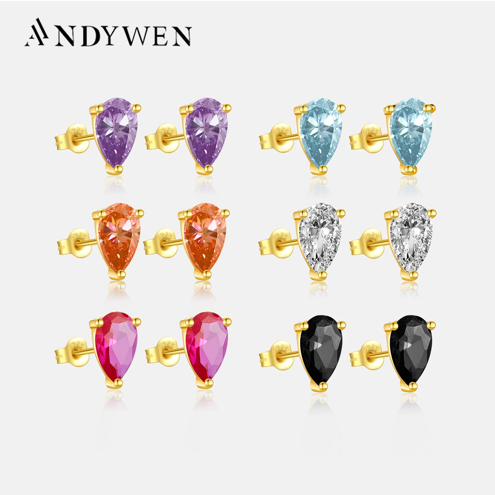 ANDYWEN 925 Sterling Silver Gold Ovals Stud Earring Piercing Women Pendiente Small Ting Colorful Gemstone Jewelry For Gift