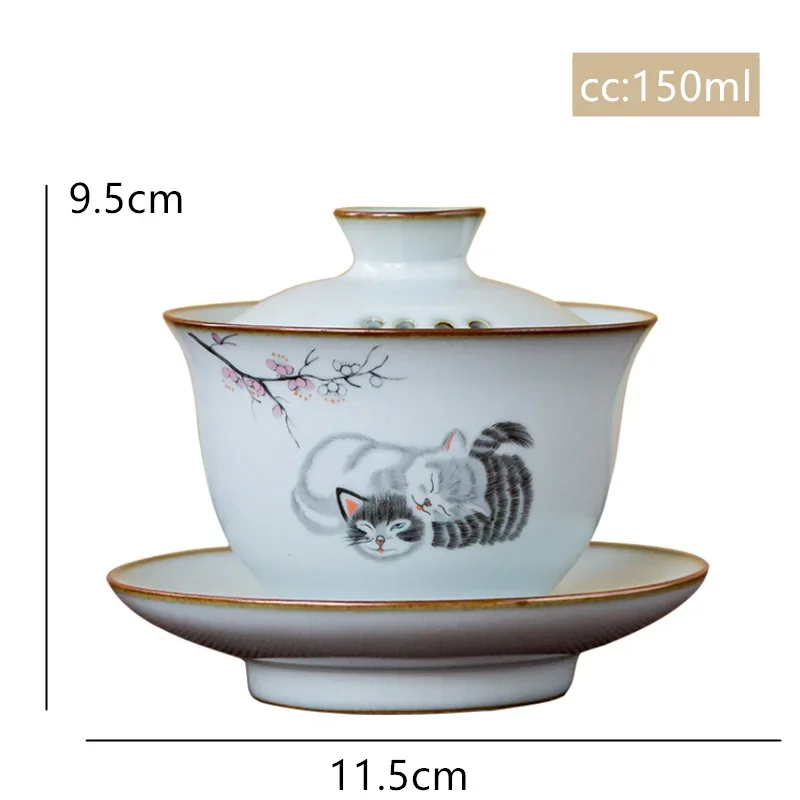 Chinese Ru Kiln Ceramic Gaiwan Cute Cat Pattern Filter Teacup Travel Portable Handmade Tea Bowl Home Tea Set Drinkware 150ml
