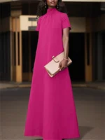 ZANZEA Summer High Collar Kleid Robes Casual Loose Party Long Dresses Women Short Sleeve Maxi Dress Elegant Solid 2023 Vestidos