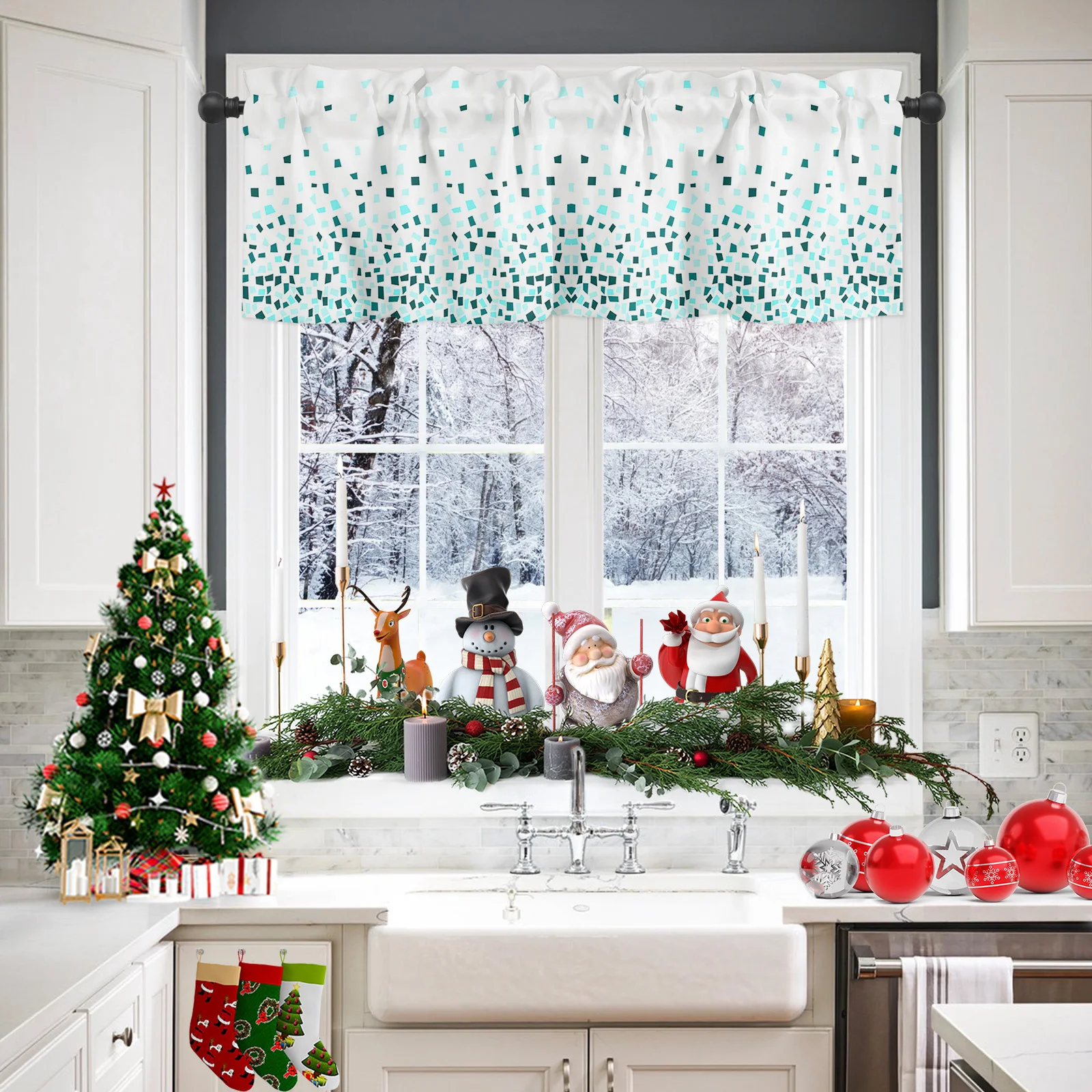 ZEDLIYU Valances for Windows Kitchen Living Room Small Window Valance Ombre Geometry Teal 1 Panel 2