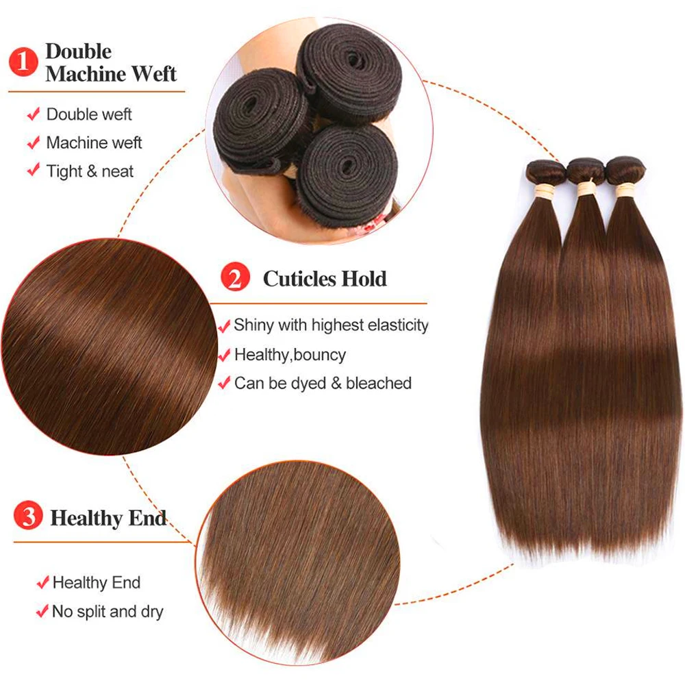 Extensions de Cheveux Naturels Lisses Brun Clair #6, Mèches de 8 à 40 Pouces, Bon Marché, pour Femme Noire, 1 / 3 / 4 Lots, Vente en Gros