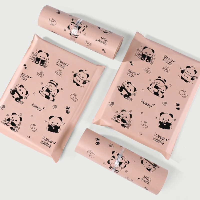 17x30cm/25x35cm Lotus Pink Express Bag Cute Panda Print Courier Bags Good Luck Shipping Mailing Envelope Gift Pouches 10Pcs