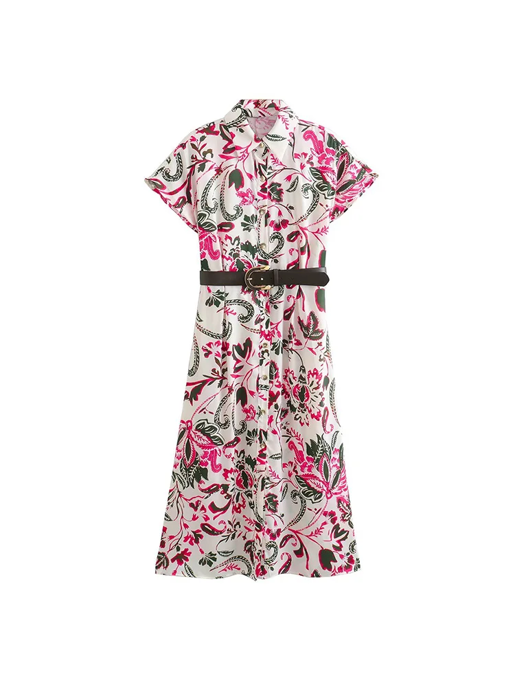 

Kumsvag 2023 Women Summer Shirts Dress Fashion Print Turn-down Collar Belt Short Sleeve Female Elegant Street DressesDresses