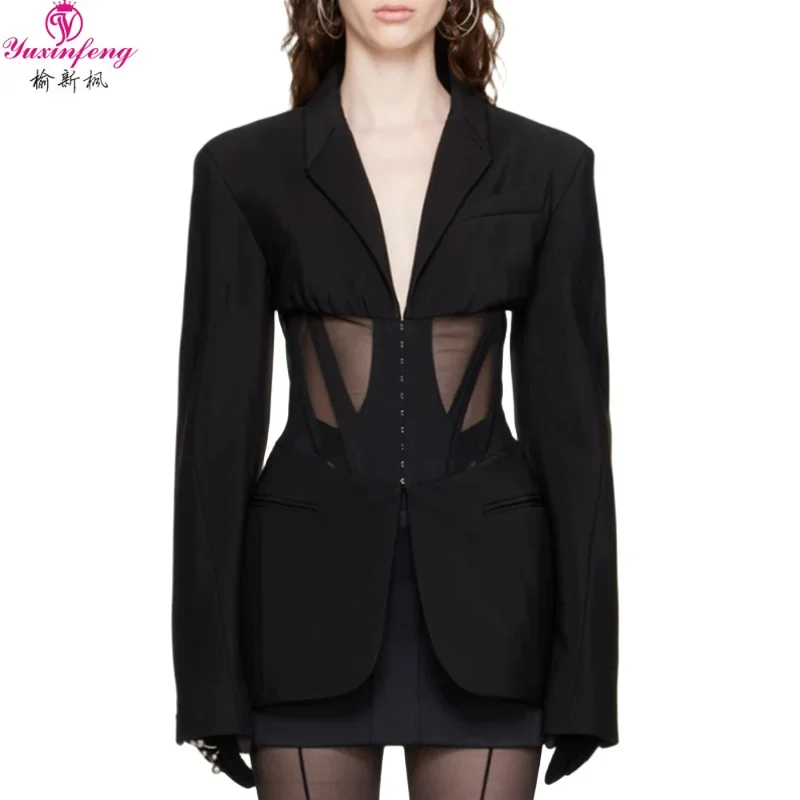 2024 Spring Autumn Oversize Female Commuter Sexy Casual Mesh Patchwork Slim Perspective Blazer Women Elegant Ladies Coat