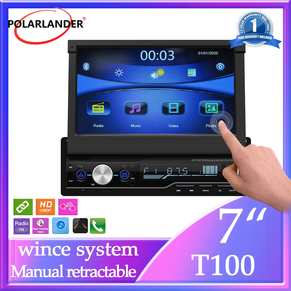 

Car Multimedia MP5 Player Stereo Receiver T100 1 DIN 7'' Manual Retractable Screen FM Dual USB Bluetooth RDS for Universal Wince