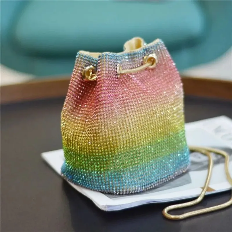 Korean Version Crossbody Bags Women Crystals Bucket Bling Fashion All-match Rainbow Mixed Colors Purse Shoulder Bags