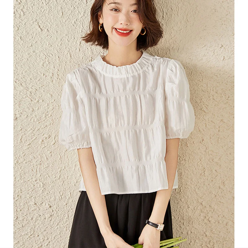 Fashion O-Neck Solid Color Folds Puff Sleeve Blouses Female Clothing 2024 Summer New Loose Short Sleeve Casual Tops Sweet Shirts