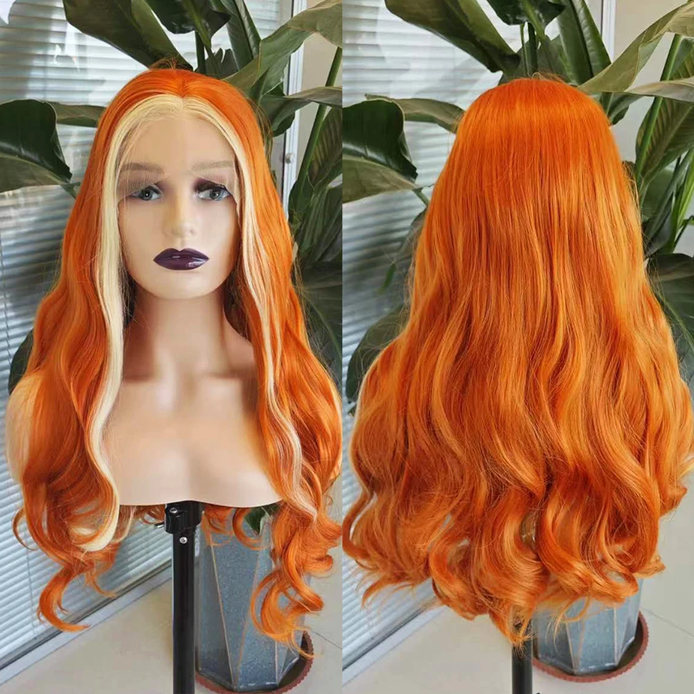 

RONGDUOYI Highlight Orange Body Wave Synthetic Wig Middle Part Blonde Highlight Fiber Lace Front Wigs Women Cosplay Makeup Use