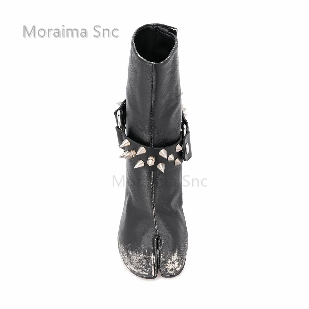 Winter Snow Boots Buckle Rivet Tabi Split-Toe Boots for Women Metal Chain Black Leather Vintage Boots Round Heel Casual Ankle Winter