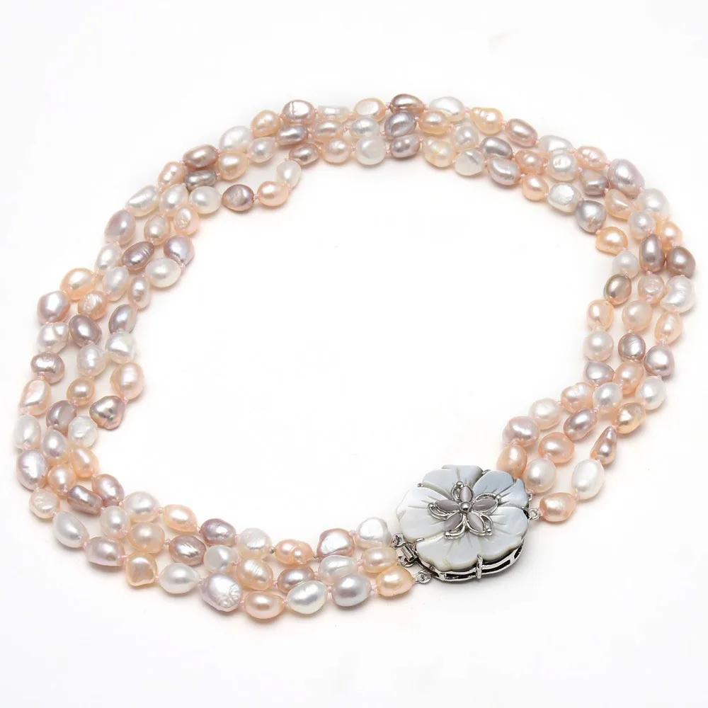 18'' 3 Rows Natural Pearl Mix Color Pink Purple White Keshi Pearl Baroque Statement Necklace For Women