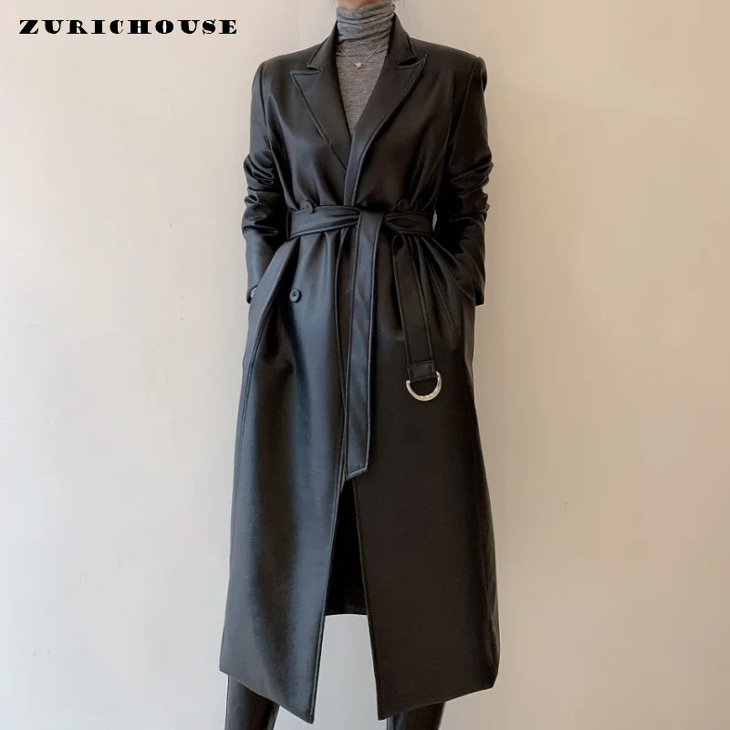 PU Leather Women's Trench Coat Vintage Notched Collar Double-breasted Belted Overcoat Causal Long Leather Jacket chaqueta cuero