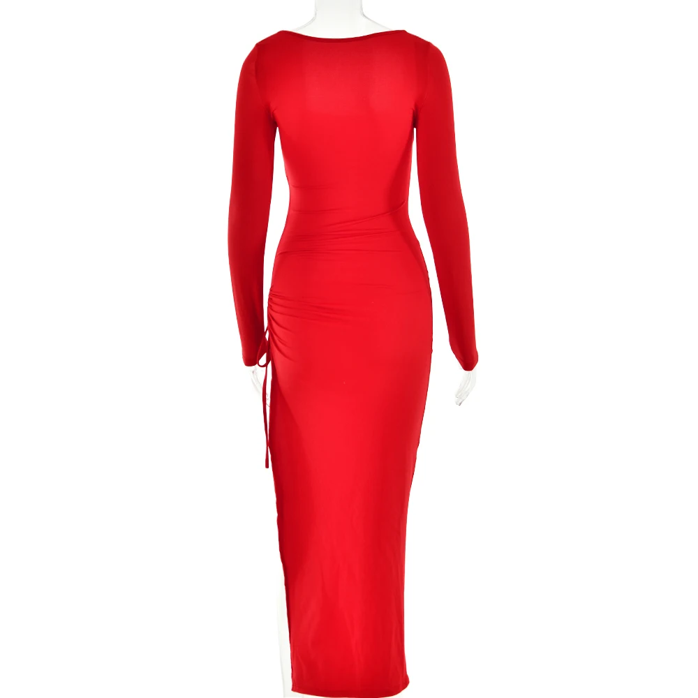 Sexy Bodycon High Split Drawstring Dress Women Long Sleeve Tight Evening Dress Party Female Elegant Maxi Dress AutumnNew
