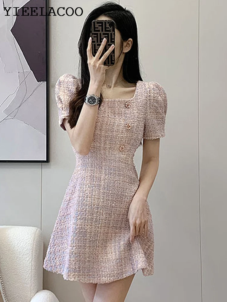 Tweed Dress Pink WomenSpring/ autumn 2023 New Elegant Mini dress ladies  slim bottoming dress one-piece