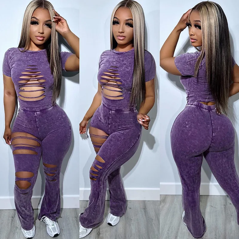 

Fashion Hollow Out Hole 2 Piece Set Women Outfits Summer T Shirt Crop Top + Pants Skinny Streetwear Outfits Matching Sets Y2K