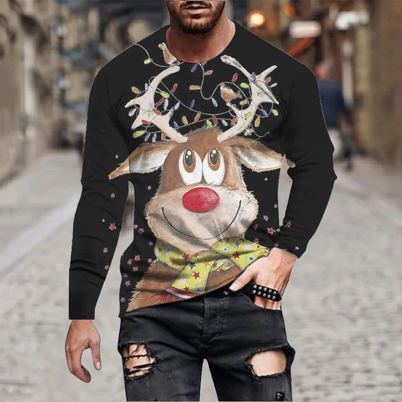 Mens Christmas Long Sleeve Reindeer 3D Print T Shirt