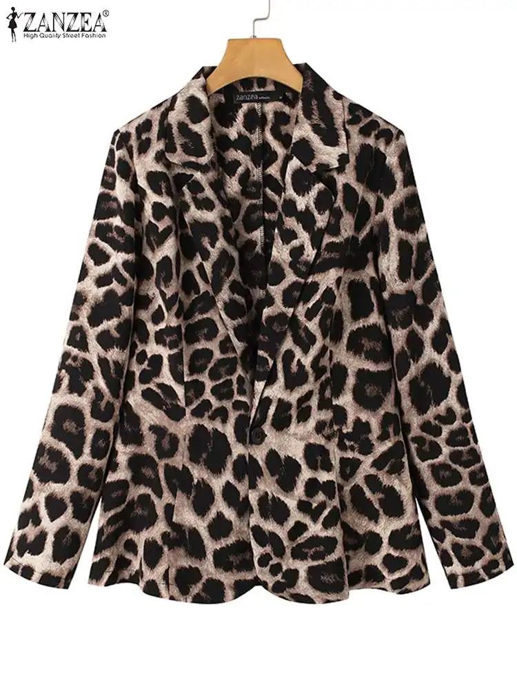 Leopard Print Polyester Blazer for Women Office Wear