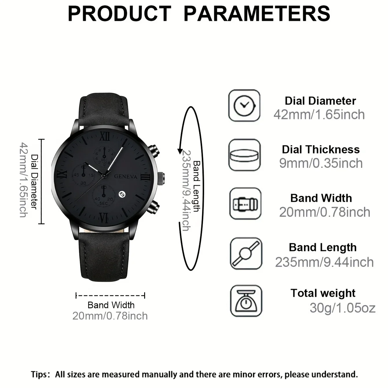 1pc Men's Black PU Strap Calendar Casual Quartz Watch