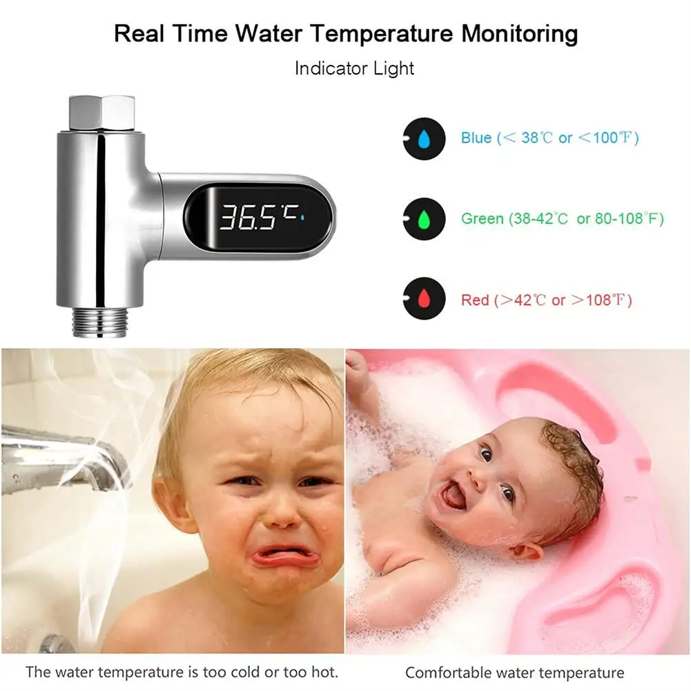LED Display Water Shower Thermometer 0~100℃ Self-powered Water Thermometer Monitoring Baby Care Energy Smart Meter 360&deg; Rotation