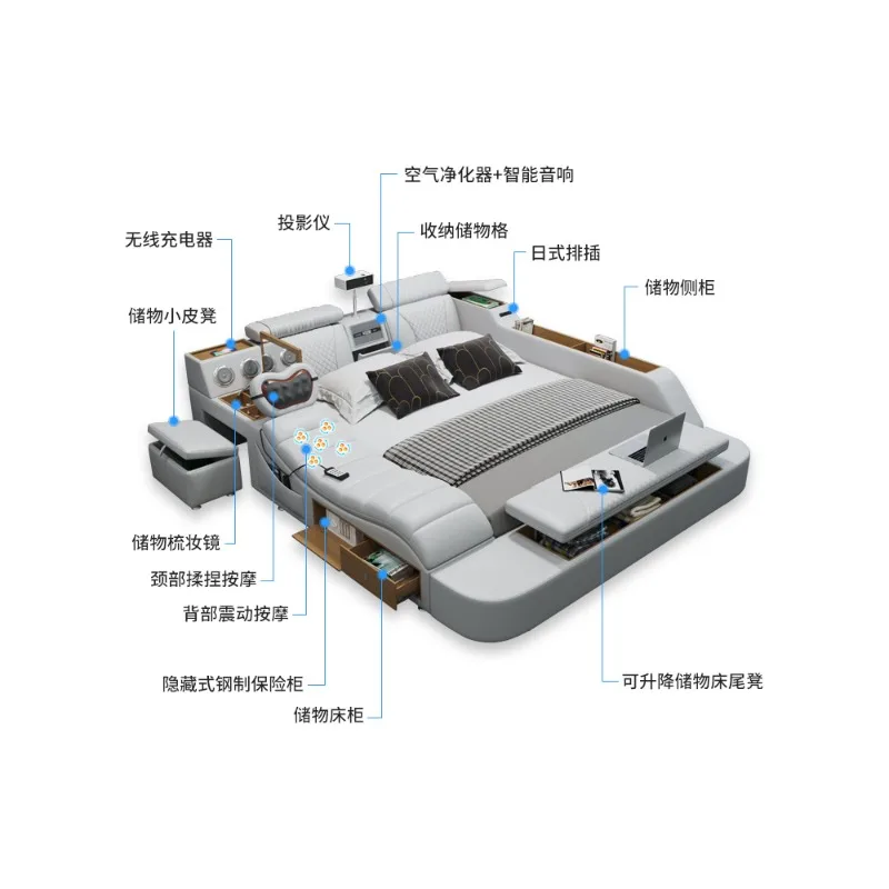 Intelligente Massage Tatami Lederen Bed Master Bedroom Multifunctioneel Groot Bed Modern Minimalistisch Projector Trouwbed 2022 Nieuw