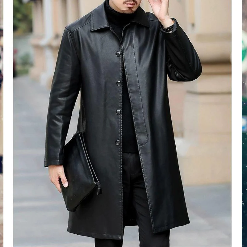 New Trench Coats Men Leather Trench Coat Casaco Masculino X-Long Jackets Fashion Outerwear Coat Jaqueta Masculina