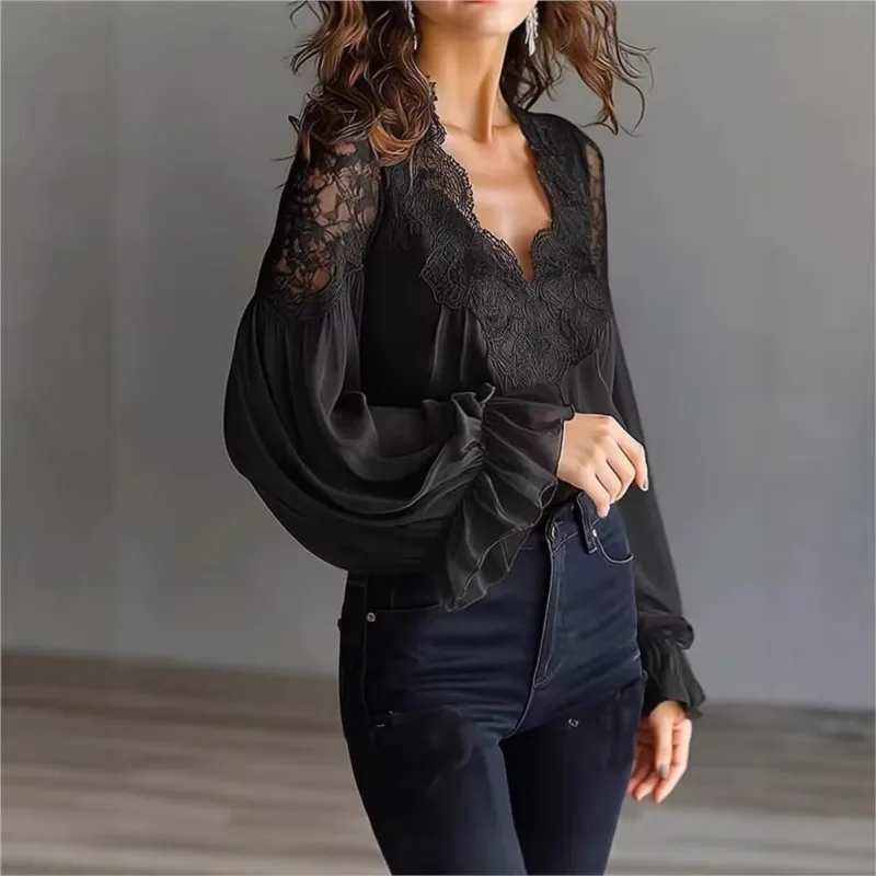 보헤미안 스타일 봄 여름 블랙 화이트 블라우스 여성 패션 레이스 스플라이스 ? ? 퍼프 슬리브 플리츠 V넥 캐주얼 셔츠 여성 새 옷