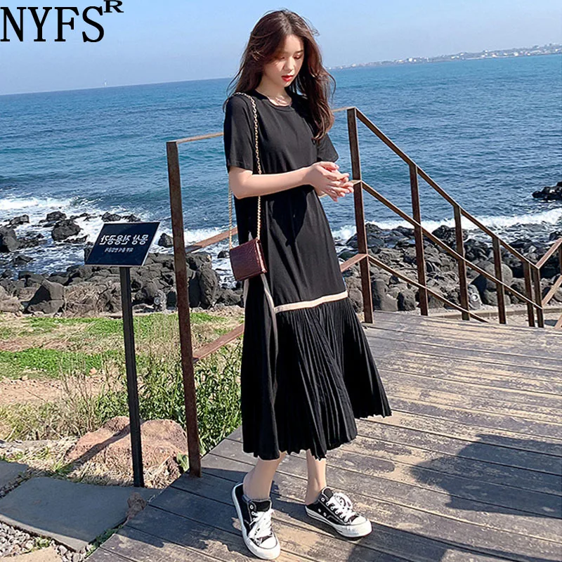 

NYFS 2022 Summer New Korea Woman Dress Vestidos Robe Elbise Cotton Loose Plus Size Patchwork Short Sleeve Long Dresses