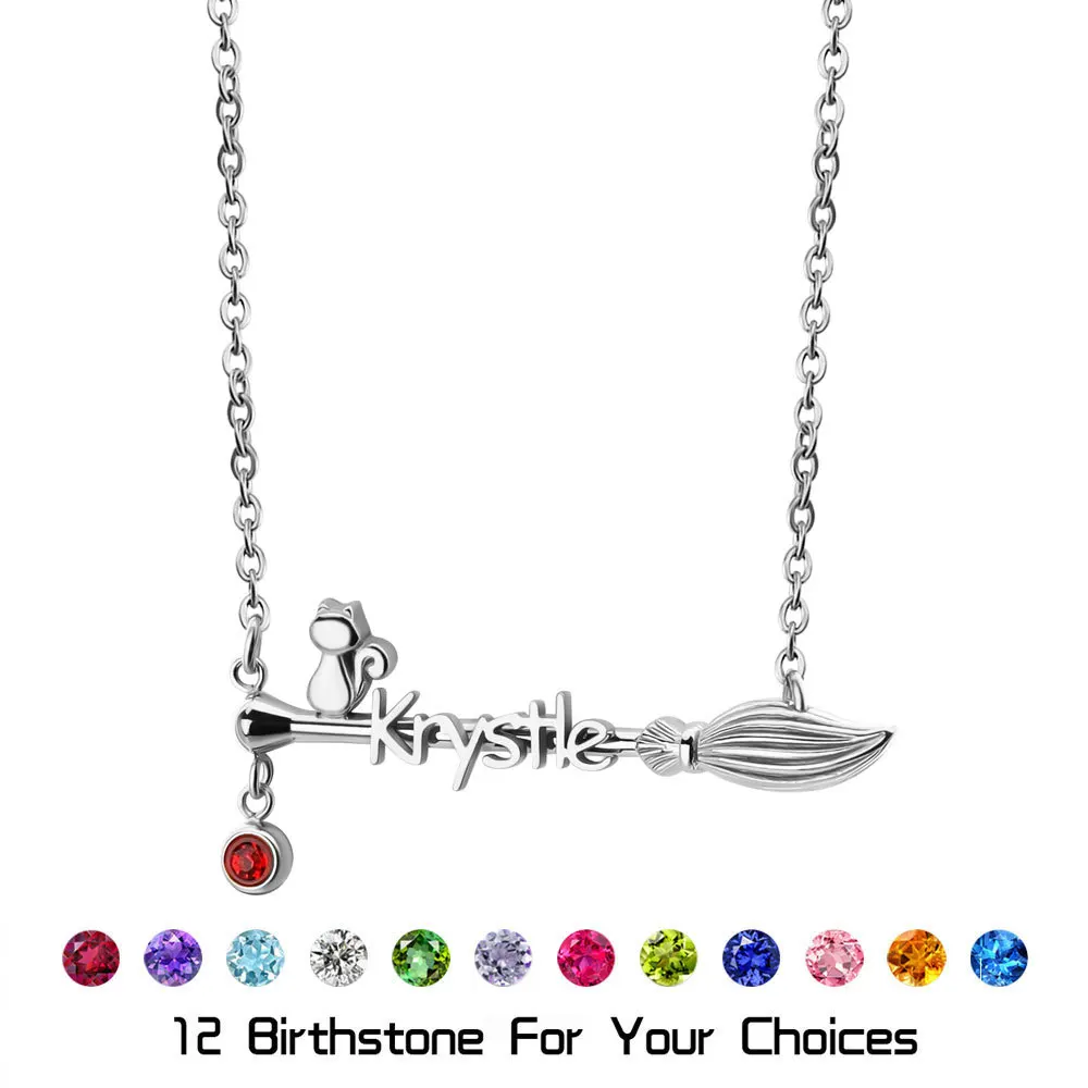 

Creative Witch Broom Custom Nameplate Necklace Personalized Birthstone Drop Pendant Cat Customized Name Jewelry Gift New 2023