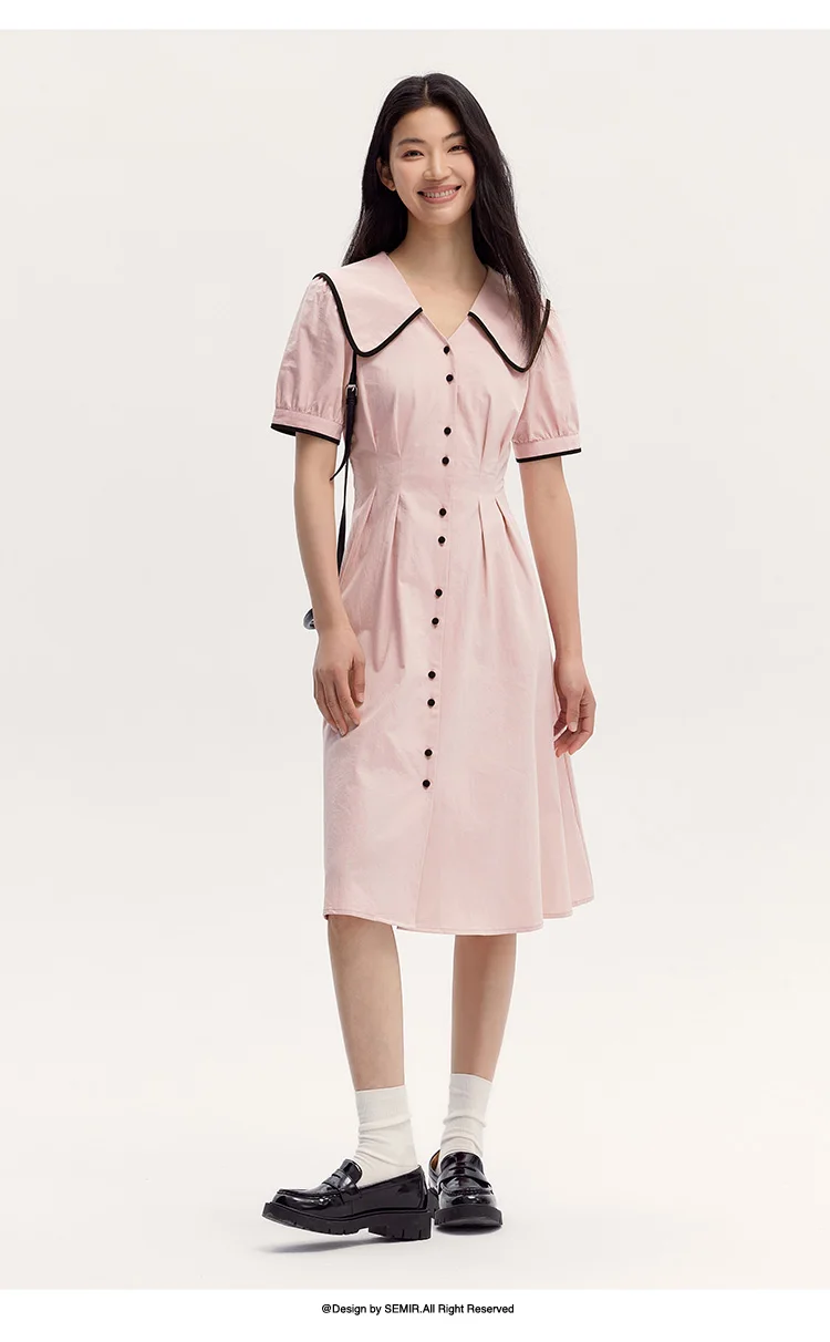 Vestido de mujer de algodón puro con mangas abullonadas, nuevo vestido de verano con bloques de color, solapa grande y largo medio, estilo universitario.