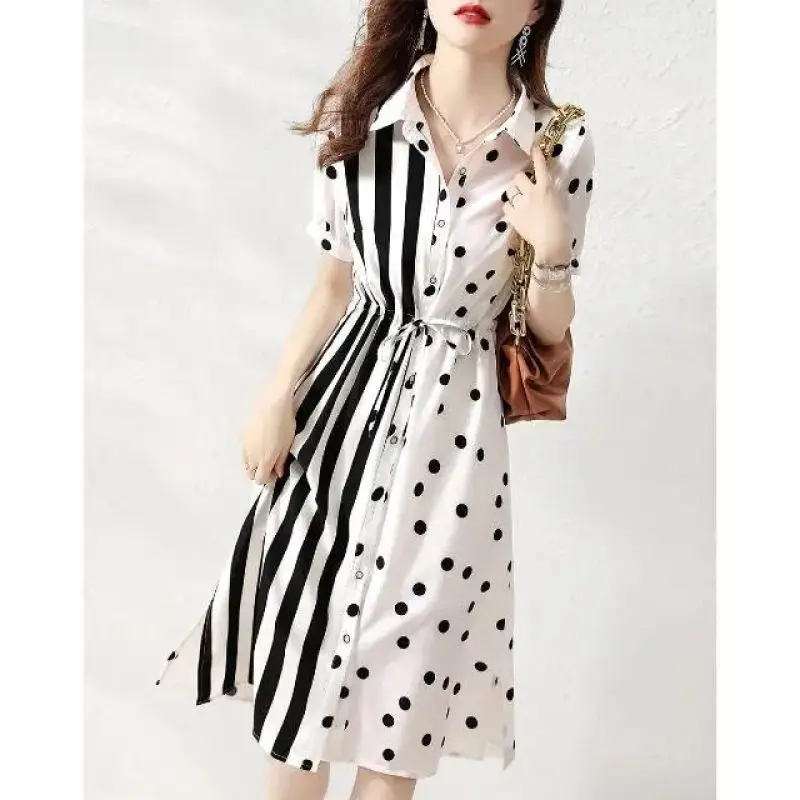 

2023 Summer Fashionable Commuting Minimalist Lapel Vertical Stripe Patchwork Polka Dot Print Tie Up Waist Short Sleeved Dress