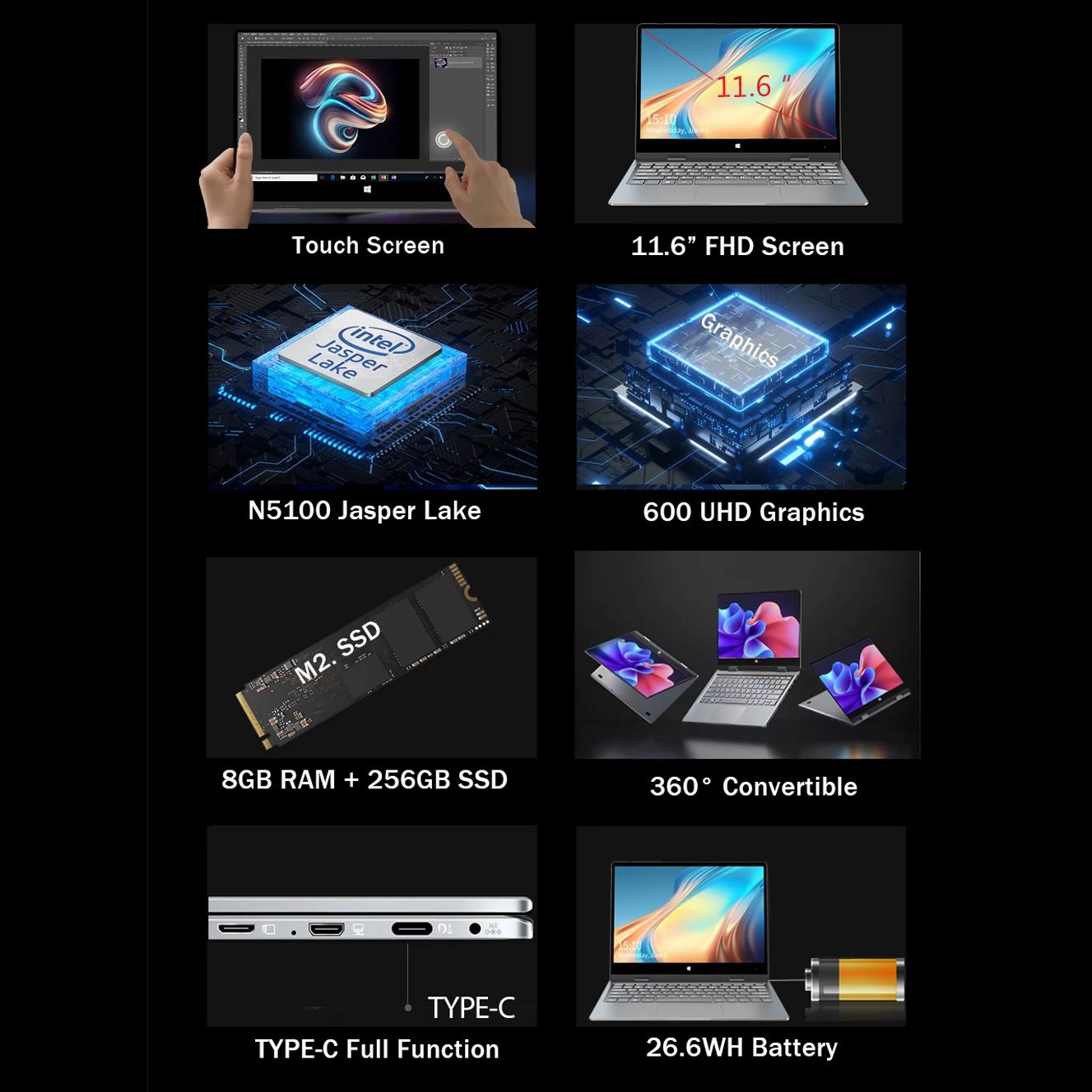 BMAX Y11 Plus 360&deg; Laptop 11.6Inch Intel N5100 1920*1080 IPS TouchScreen Windows 11 8GB RAM 256GB 512GB 1TB SSD Notebook