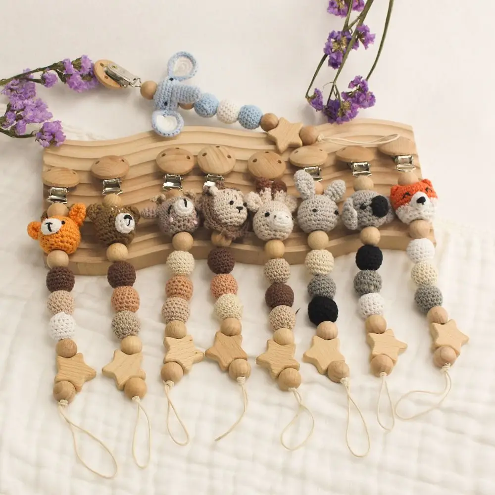 

Crochet Cartoon Animal Pacifier Clips Appease Soother Chain Wood Beads Anti-drop Dummy Holder Nipple Clip Teething Toy Baby Gift