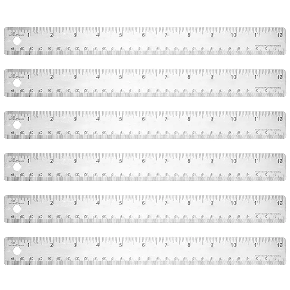 6pcs Metal Ruler Stainless Steel Measuring Straight Edge Non Slip Student Shatter Resistant Office Supplies 12 Inch 